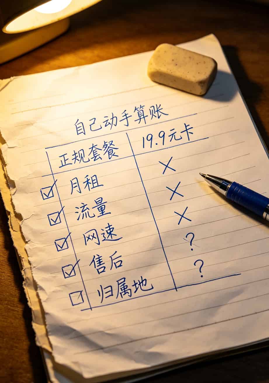 19.9元200g流量卡是真的吗?我买了三张卡实测,真相和广告差太远了 正规套餐与便宜卡对比表格手写草稿