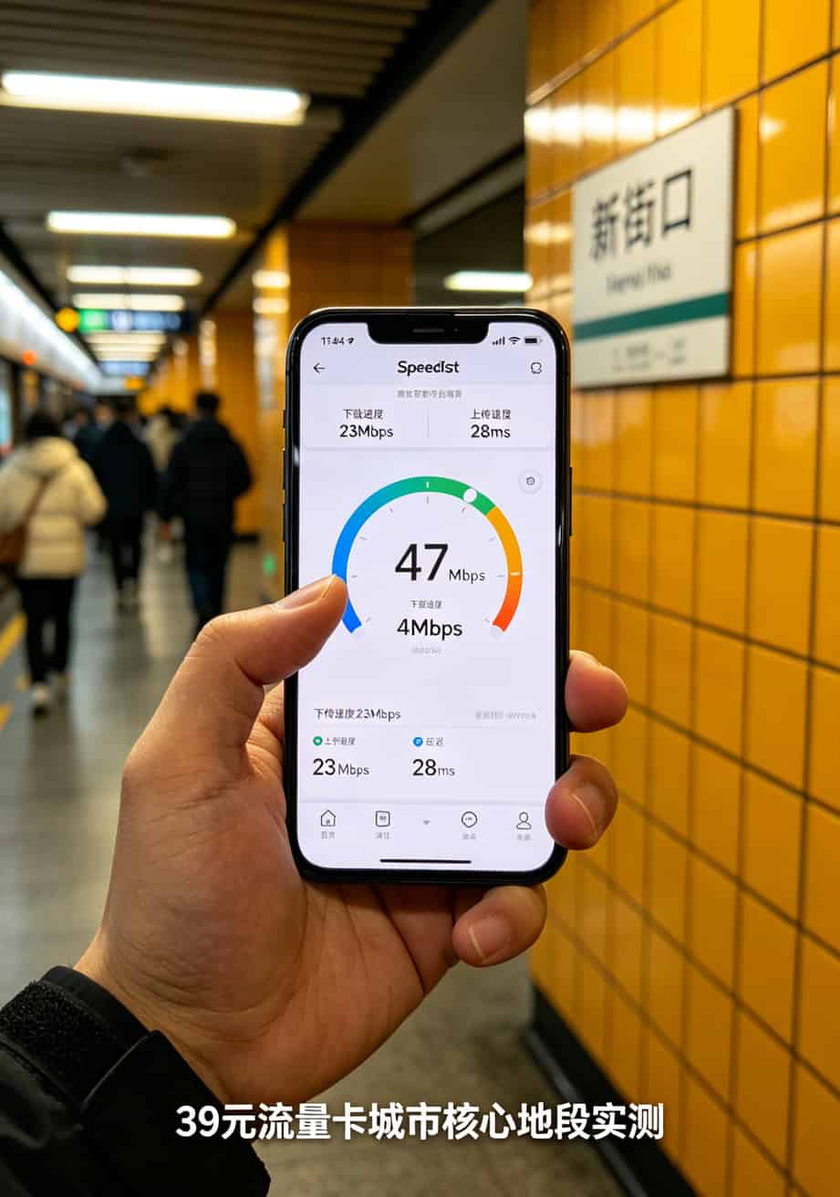 39元流量卡到底值不值?我折腾了半年,把实话全撂这儿了 南京新街口地铁站内实测联通39元卡网速截图,显示47Mbps