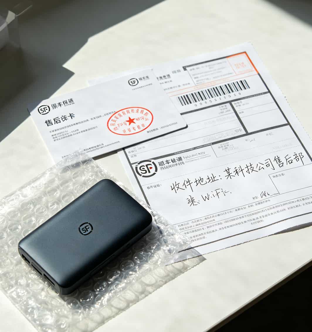 1天1元1g流量卡我用了8个月,算完账傻眼了:最低35最高188,别信广告 随身WiFi保修卡和官方售后页面截图