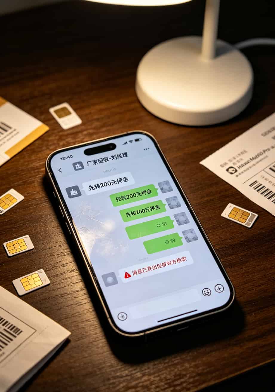 一个卖对讲机的前贩子跟你唠唠,公网对讲机流量卡到底咋选不踩坑(2025防坑版) 微信聊天记录截图,显示对方要求先交200押金然后失联