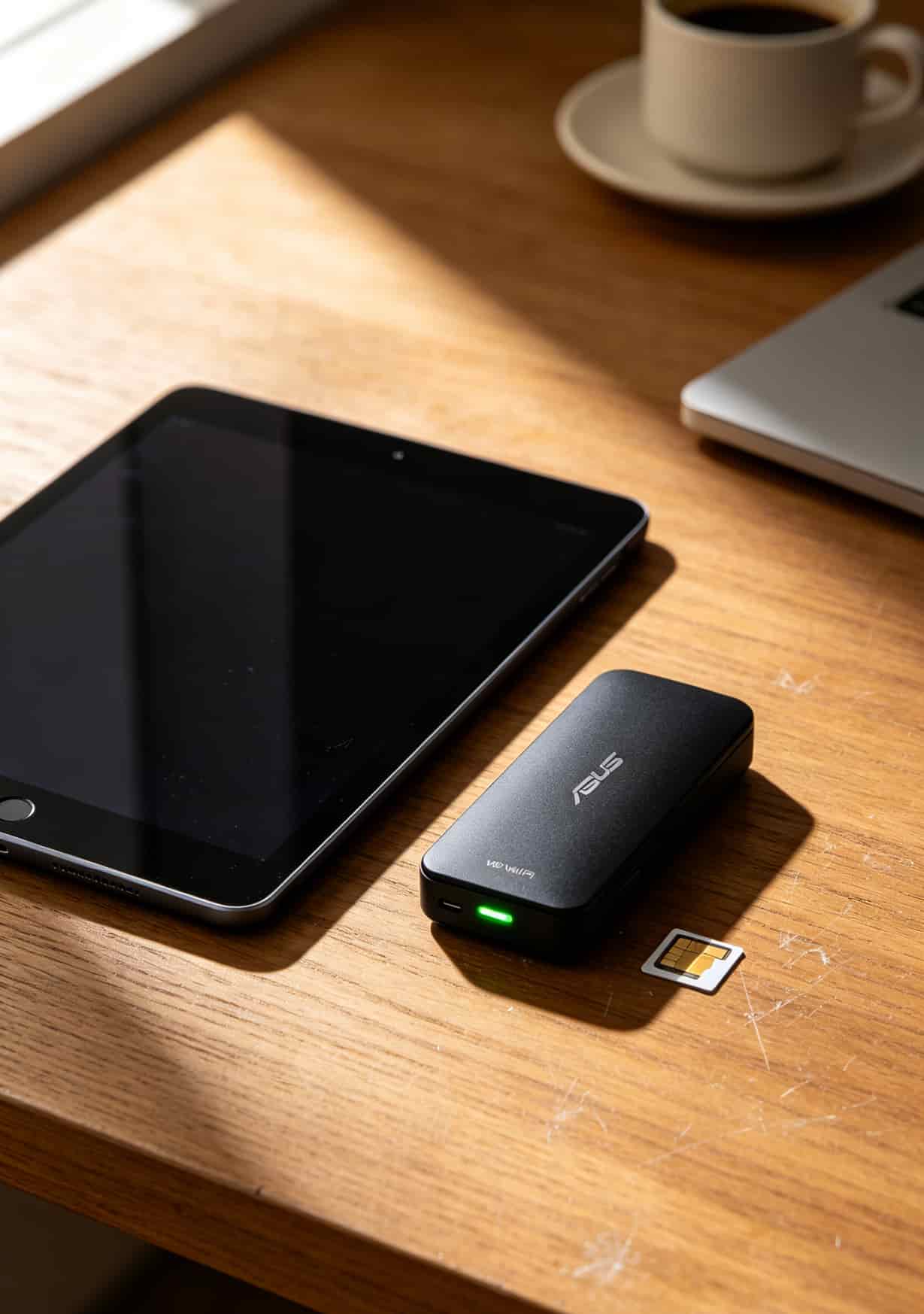 为了给iPad上网,我折腾了三年:wifi版的手机可以插流量卡吗? wifi版iPad和随身WiFi设备放在桌上对比