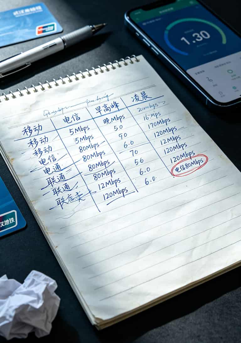 172流量卡分销内行人揭秘:一张流量卡的命,比我前女友的心思还难猜 武汉地铁2号线测速记录手写表格,标注了移动电信联通不同时段的网速数据