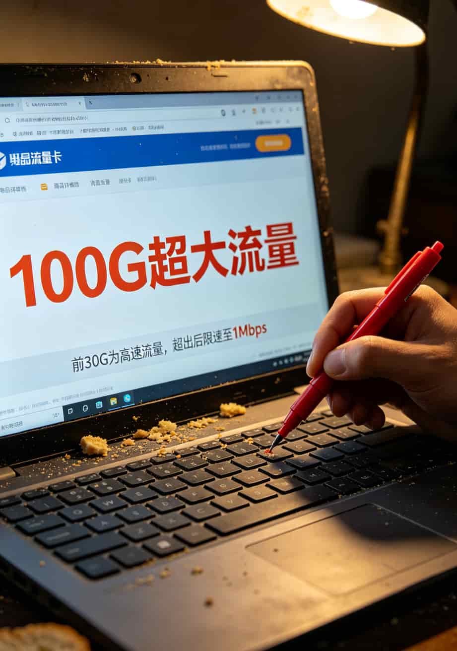 华为随身WiFi别乱配卡!我踩了6次坑才搞定的办流量卡推荐 流量卡详情页小字限速条款截图