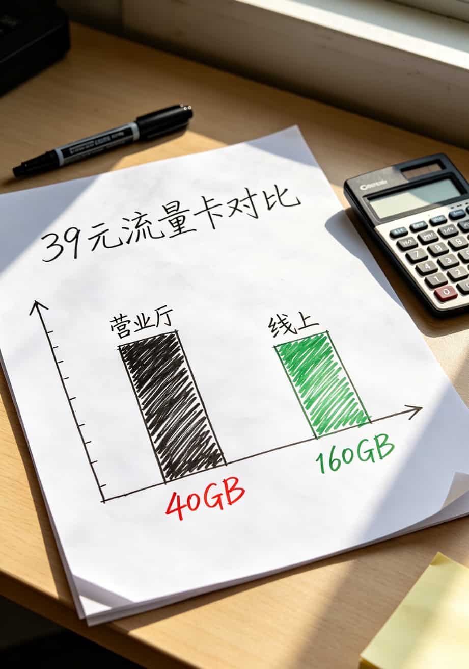39元流量卡到底值不值?我折腾了半年,把实话全撂这儿了 线上渠道与线下营业厅39元套餐流量对比柱状图