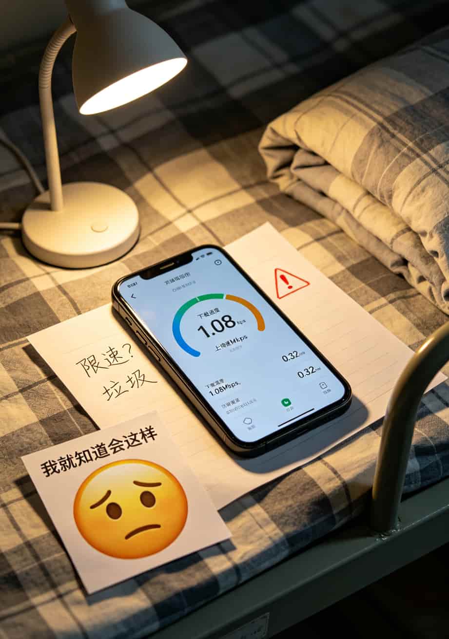 办张电信流量卡纯上网,别再交冤枉钱(京东踩坑20次后的大实话) 测速软件显示网速1.08Mbps,旁边有一张郁闷的表情包
