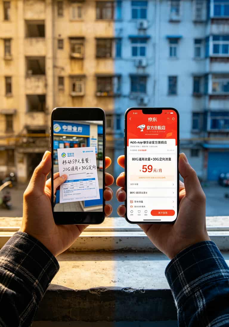 手机屏幕截图，左侧为线下营业厅59元套餐详情，右侧为京东同价位套餐详情，对比明显