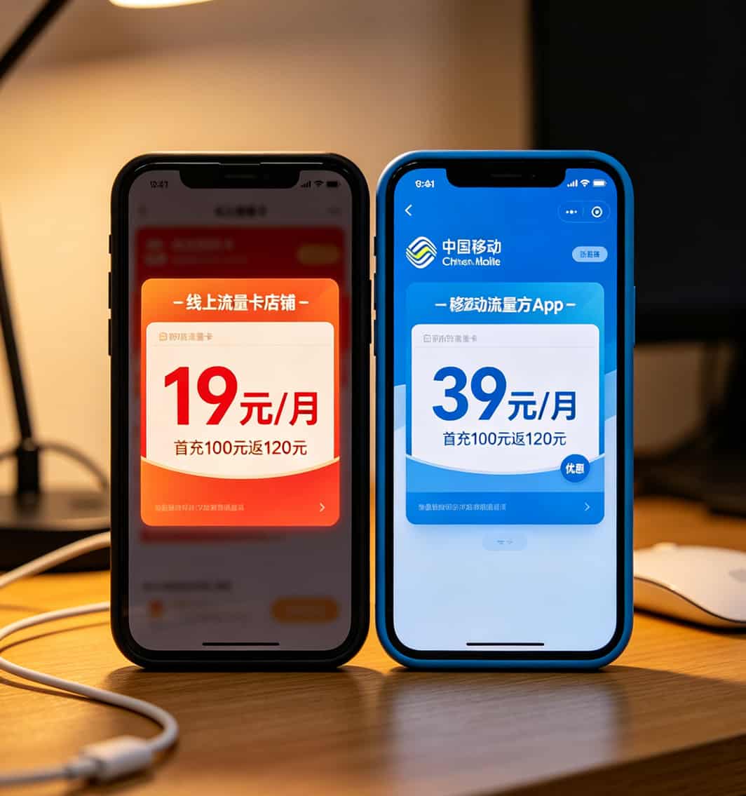 19月租流量卡用了两年,有些话不吐不快(附真实踩坑清单) 线上线下流量卡价格对比示意图,线上19元vs线下39元对比