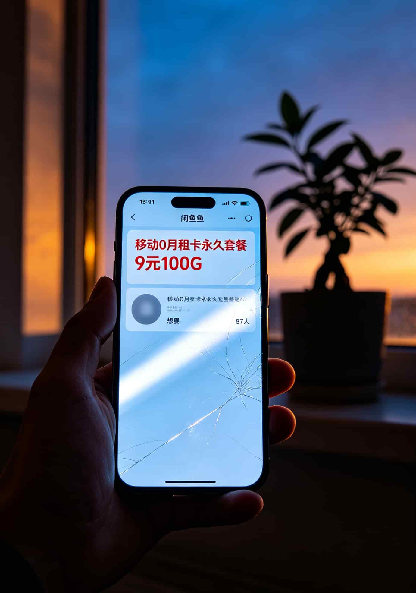 闲鱼上的一款低价流量卡商品页面截图，卖家用红色大字标注“永久0月租”