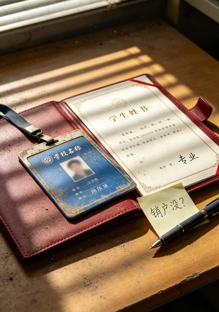 一张大学校园卡和毕业证书放在一起，旁边写着“离校前记得销户”