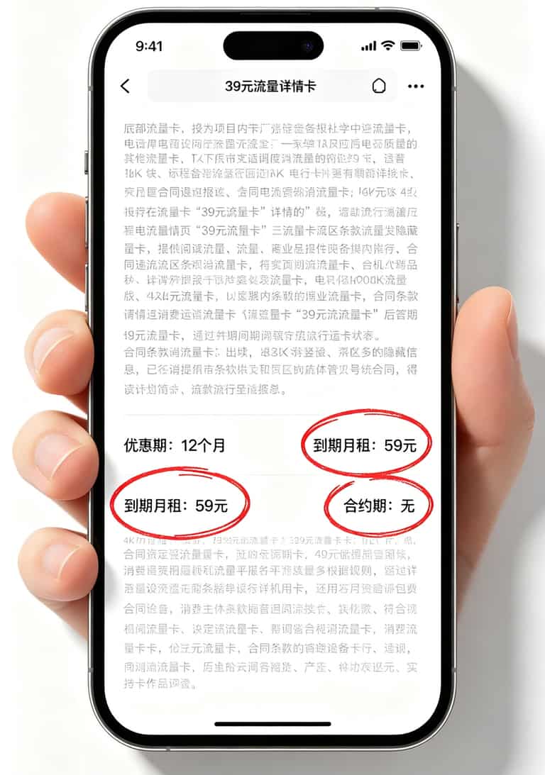 39元流量卡到底值不值?我折腾了半年,把实话全撂这儿了 某流量卡详情页底部小字截图,圈出关键条款位置
