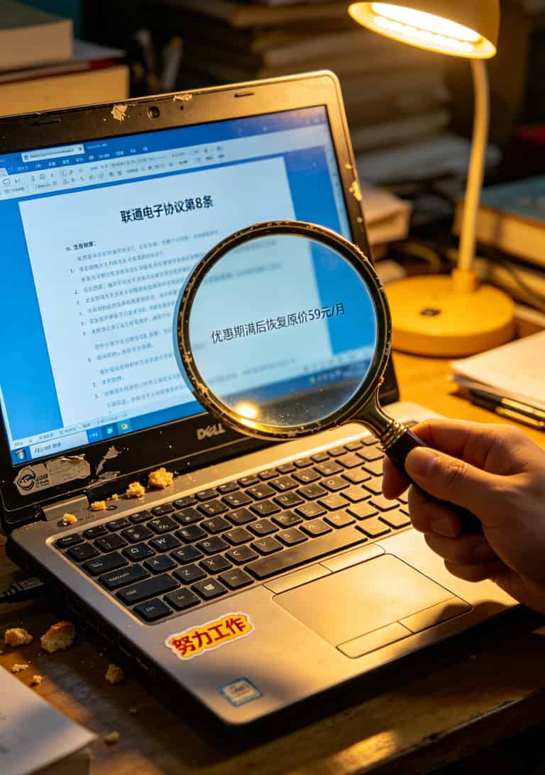 19元100G流量卡是真香还是真坑?这份**移动套餐资费一览表**给你说透 电子协议中优惠期条款的极小字号截图