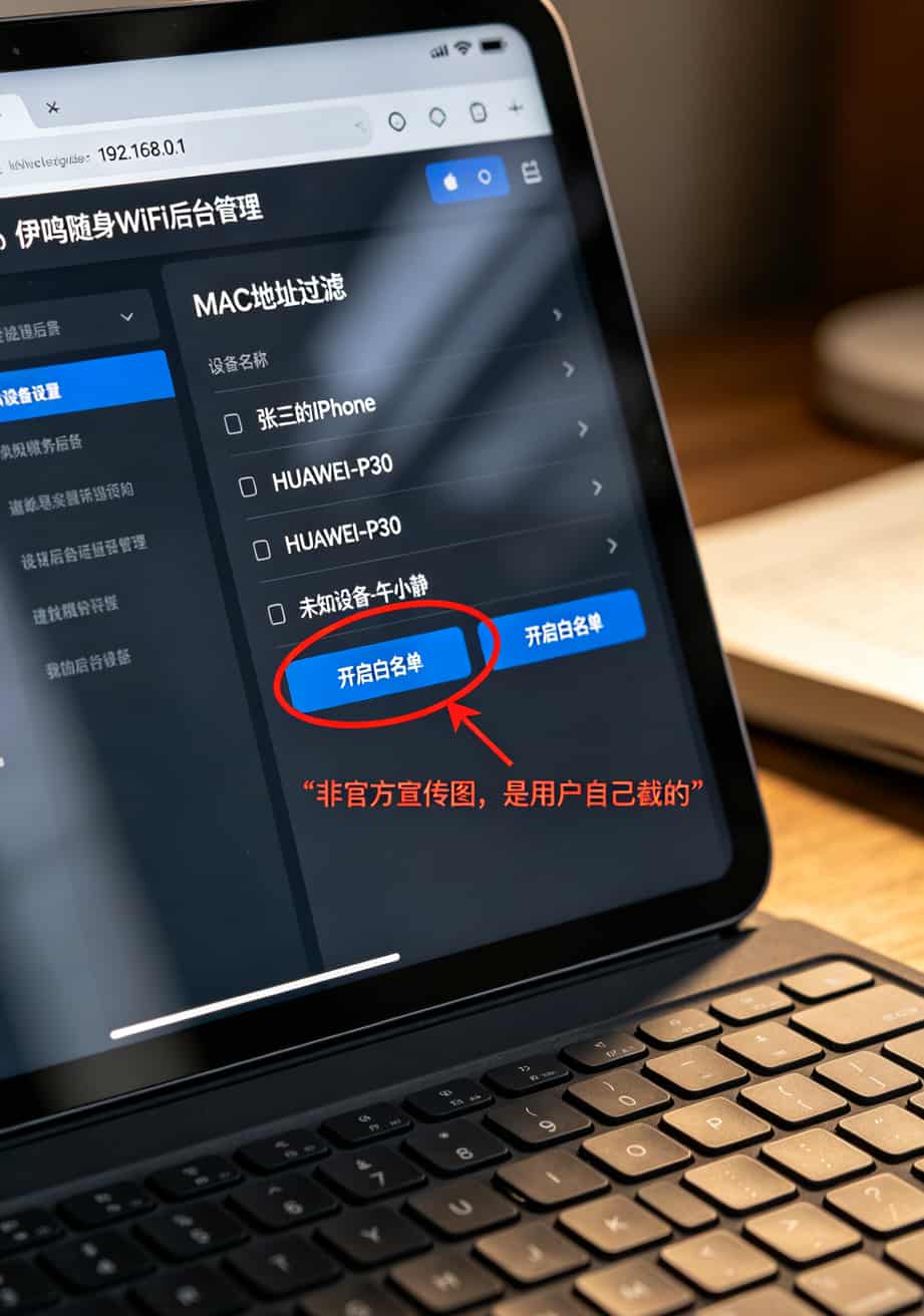 30元100g流量卡是真的吗?我跑了仨月实测,答案就一个字:假 伊鸣设备后台管理界面截图,MAC地址过滤功能被红圈标出
