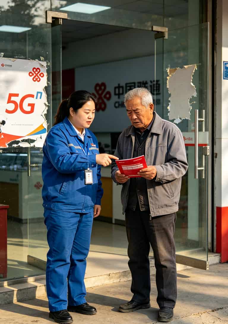 19元180G的办卡流量卡,我替你们踩了6次坑(8个真人真事+9步防坑) 中国联通营业厅门口,一个客服正在给大爷讲解套餐