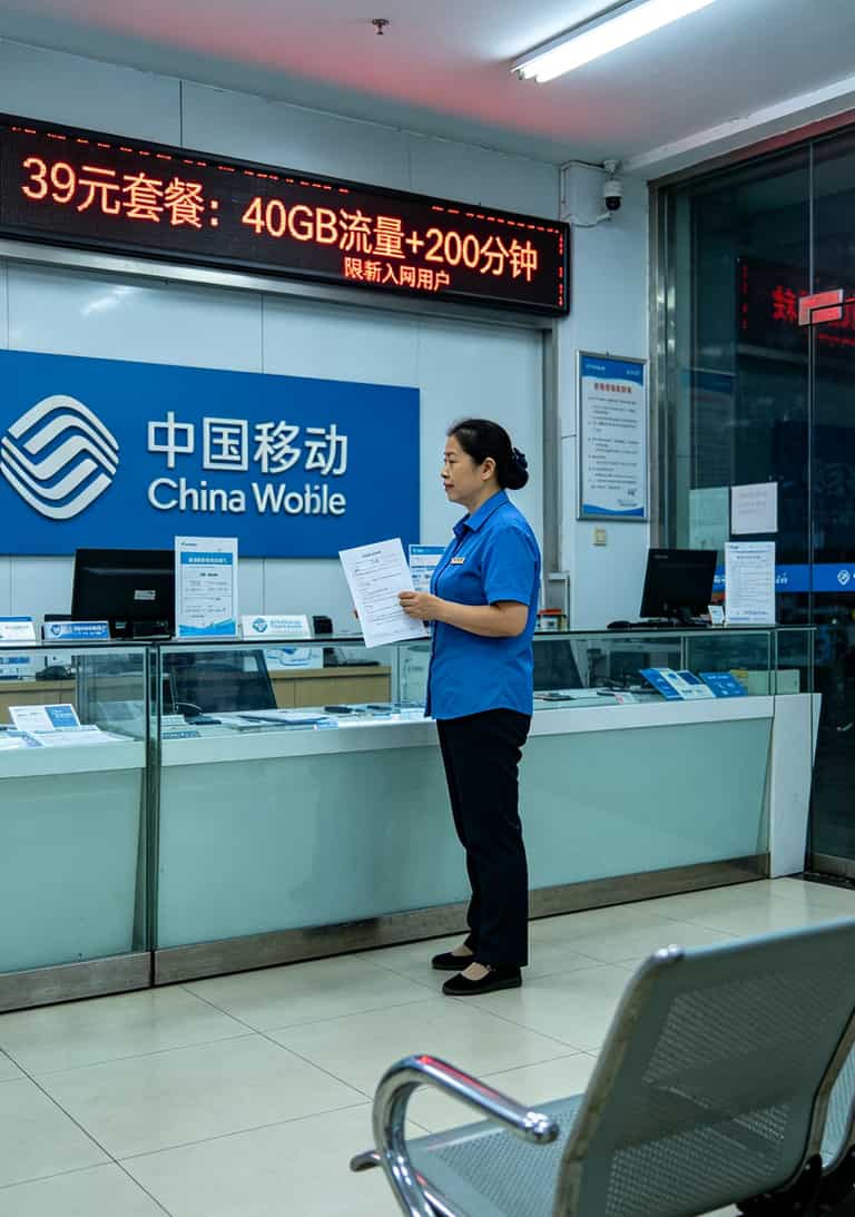 39元流量卡到底值不值?我折腾了半年,把实话全撂这儿了 南京龙江某营业厅内景,展示柜台套餐价格牌