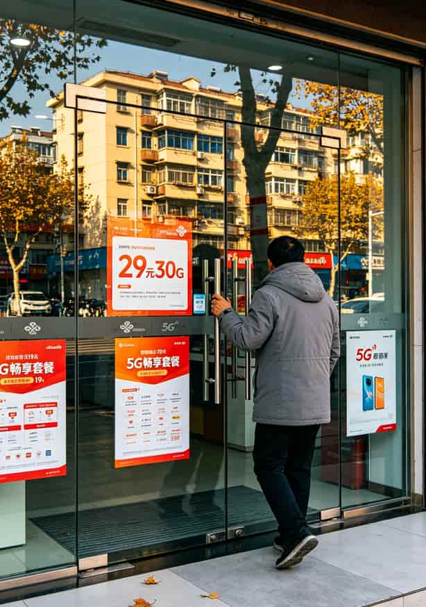 19元大流量卡套餐,我用了三个月亏了50块,这些坑你别再踩了 中国联通营业厅门口,玻璃门上贴着套餐海报