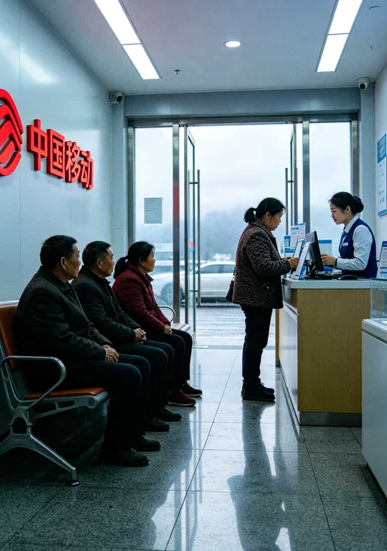 移动营业厅内排队的人群，柜员正在为客户办理业务