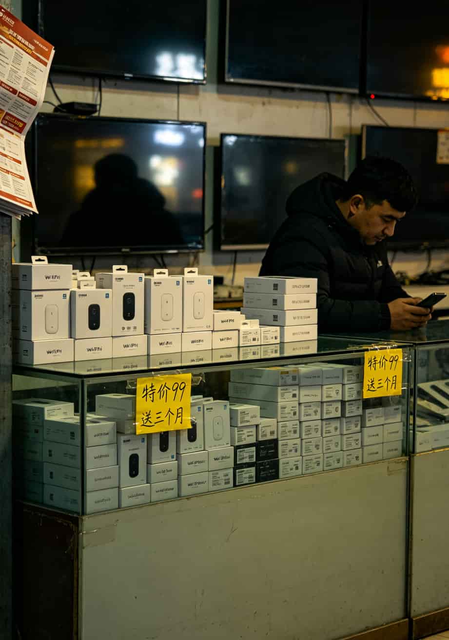 9.9元10g流量卡,我花了三个月帮你试过了:省不了一点钱 赛江南数码城柜台一角,多家杂牌随身WiFi