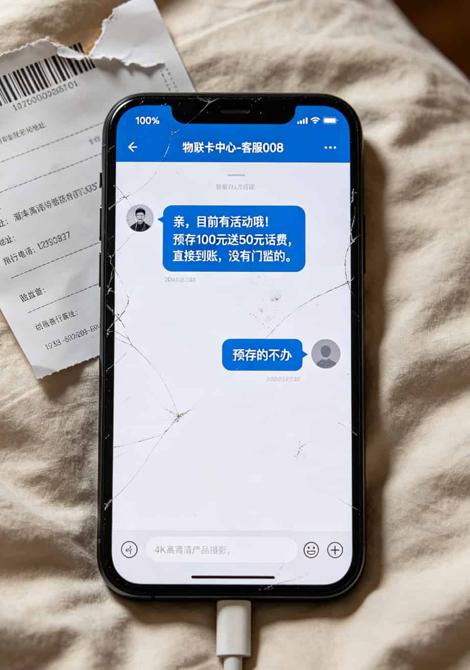 纯流量了卡申请前不看你血亏:华为随身WiFi插卡避坑指南(附真实踩坑案例) 手机聊天记录截图,卡商客服回复“预存100元送50元话费”的优惠信息