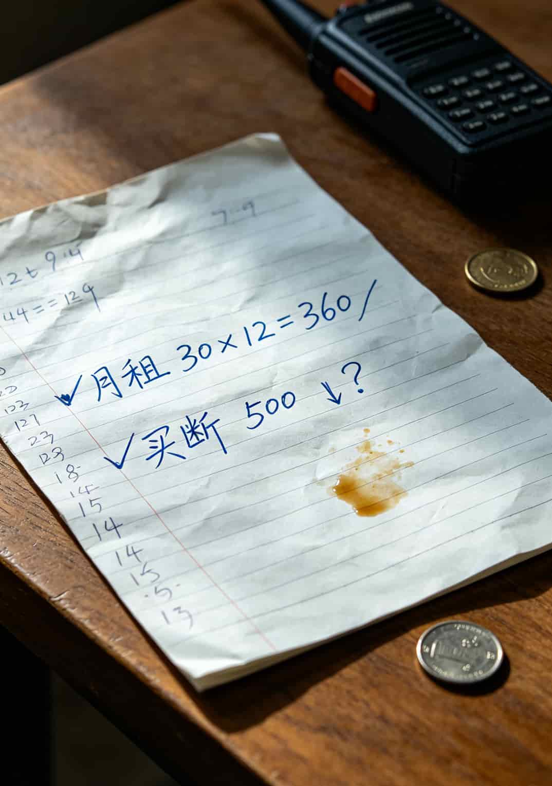 一个卖对讲机的前贩子跟你唠唠,公网对讲机流量卡到底咋选不踩坑(2025防坑版) 月租vs买断成本对比手写计算表,写着30元x12月=360元,买断500元