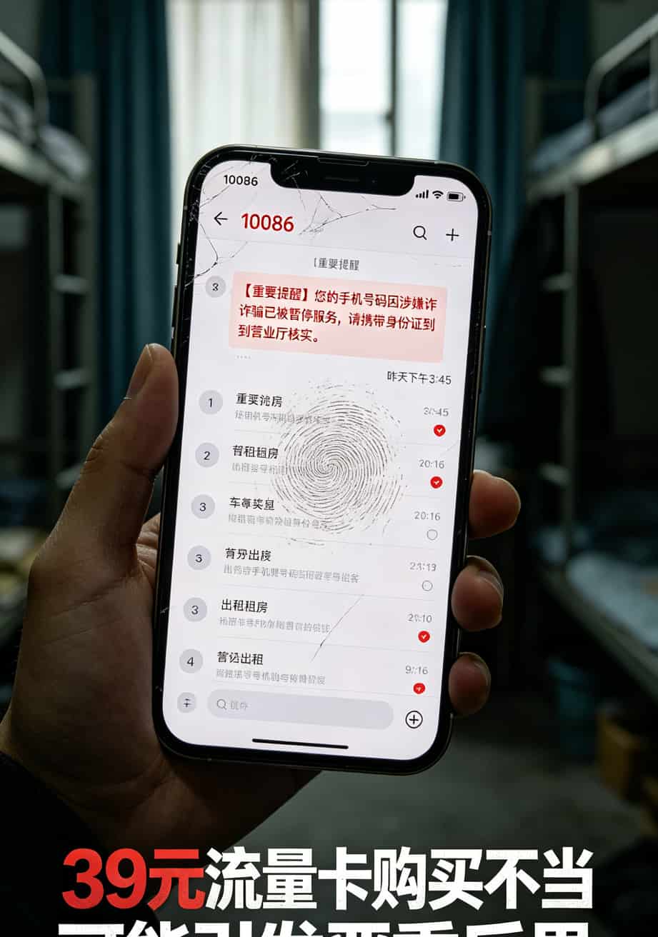 39元流量卡到底值不值?我折腾了半年,把实话全撂这儿了 手机收到“号码涉嫌诈骗被停机”的短信截图
