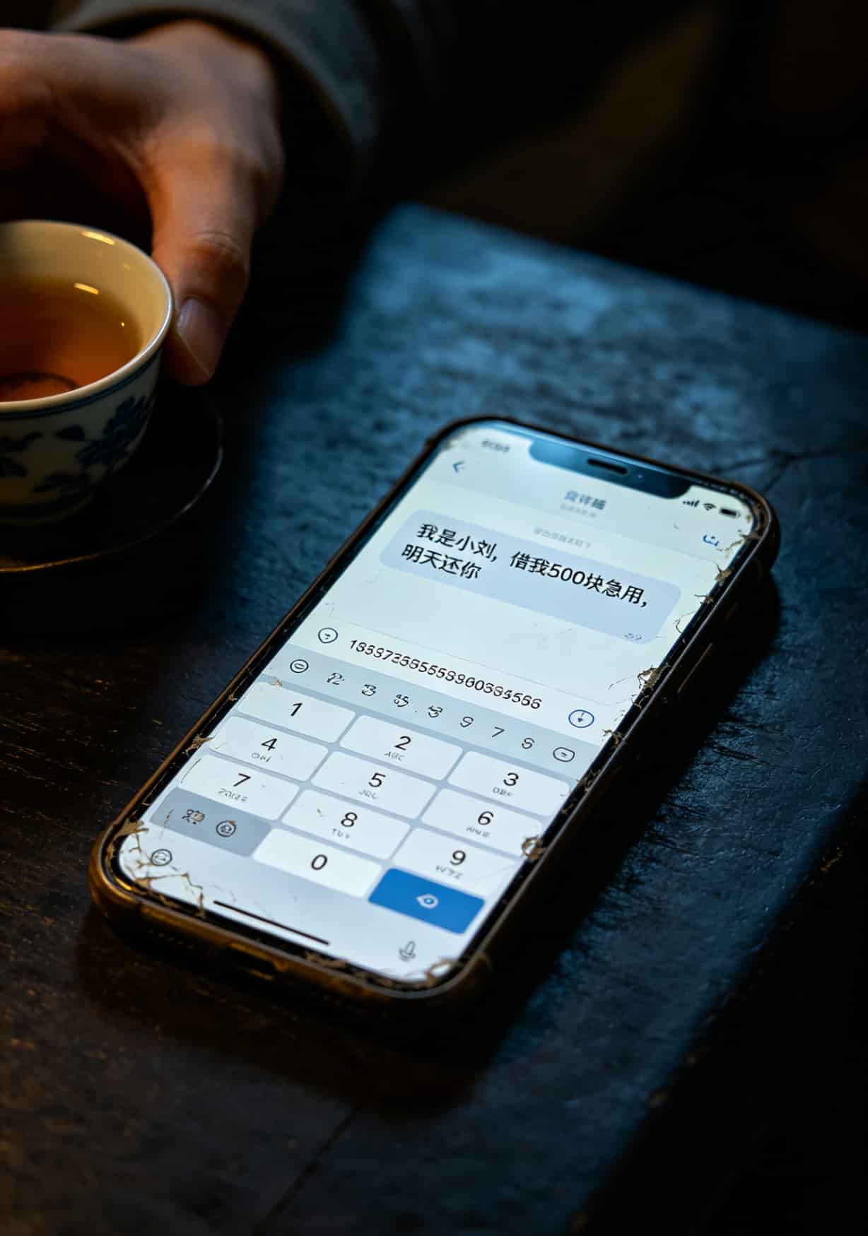 手机屏幕上显示诈骗短信的截图，内容为冒充熟人借钱