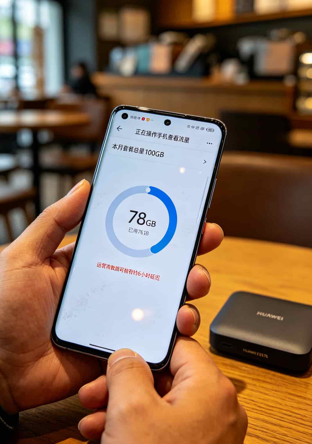 纯流量了卡申请前不看你血亏:华为随身WiFi插卡避坑指南(附真实踩坑案例) 华为智慧生活APP流量统计界面截图,显示套餐总量与已用流量的6小时延迟提示