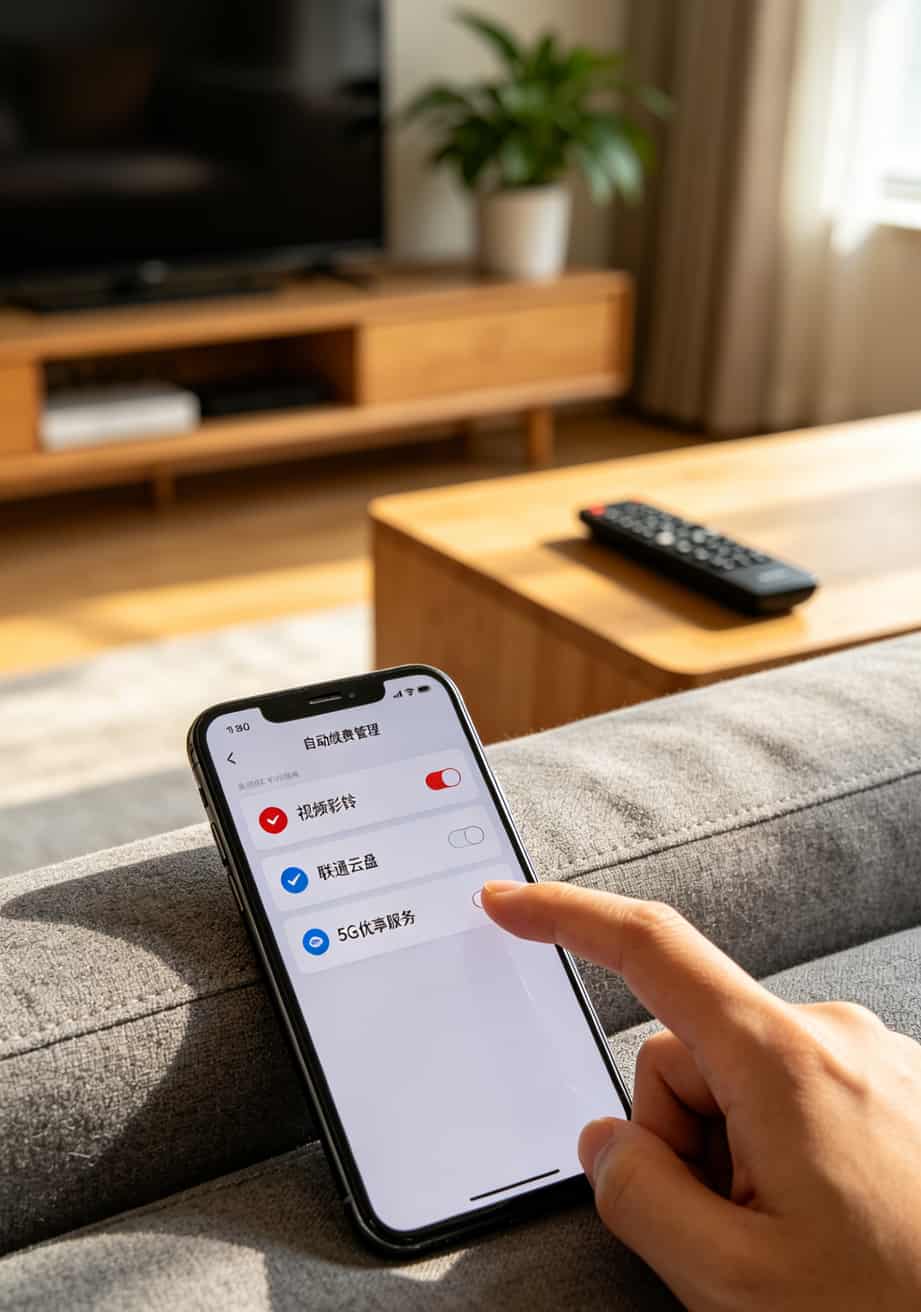 联通App“自动续费管理”页面截图，红圈标出需关闭的项目