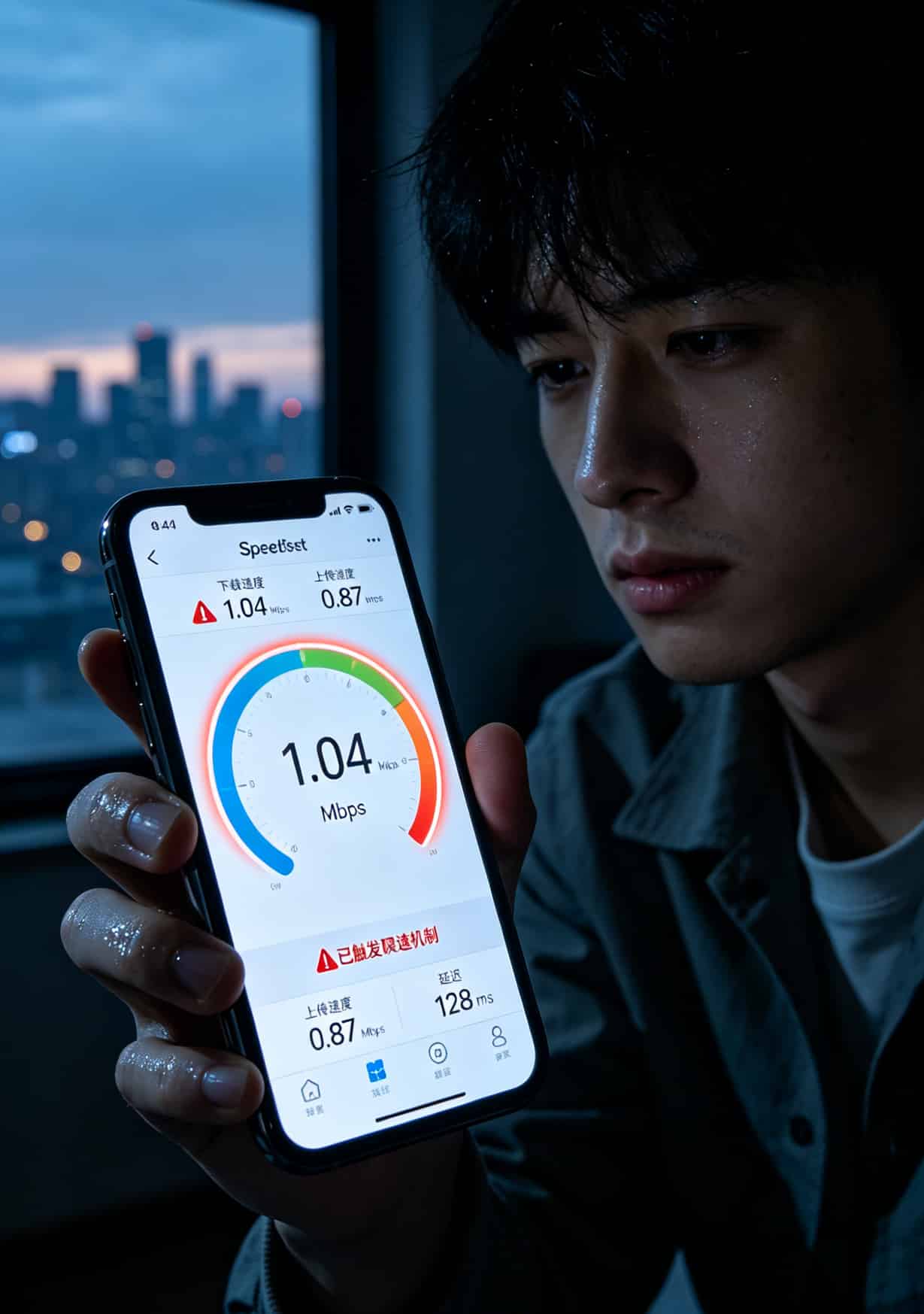手机限速后测速截图，网速显示1Mbps