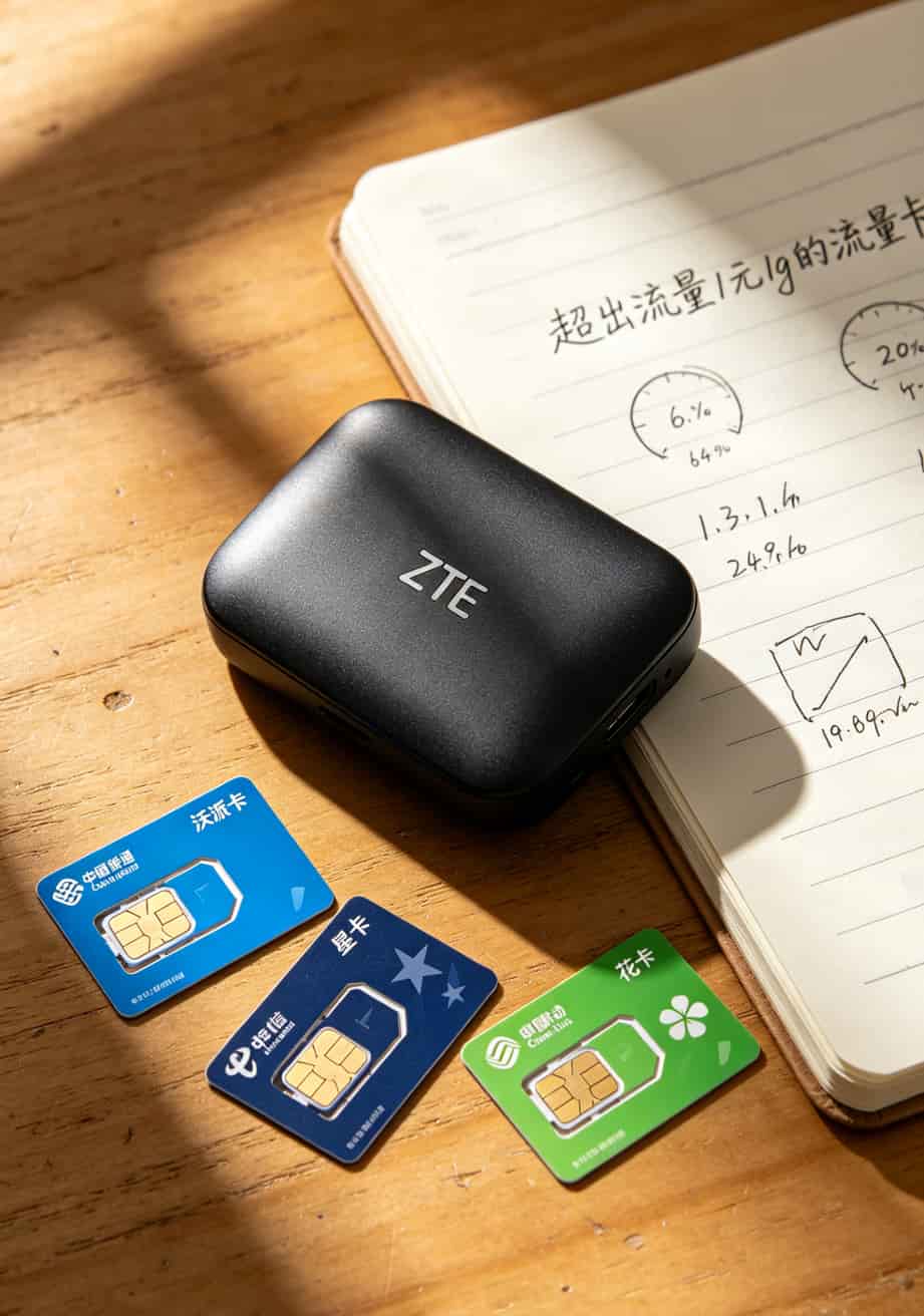 跑了半个月实测:中兴随身WiFi配上“超出流量1元1g的流量卡”,到底值不值? 中兴随身WiFi设备与三张流量卡并排放置的实拍图