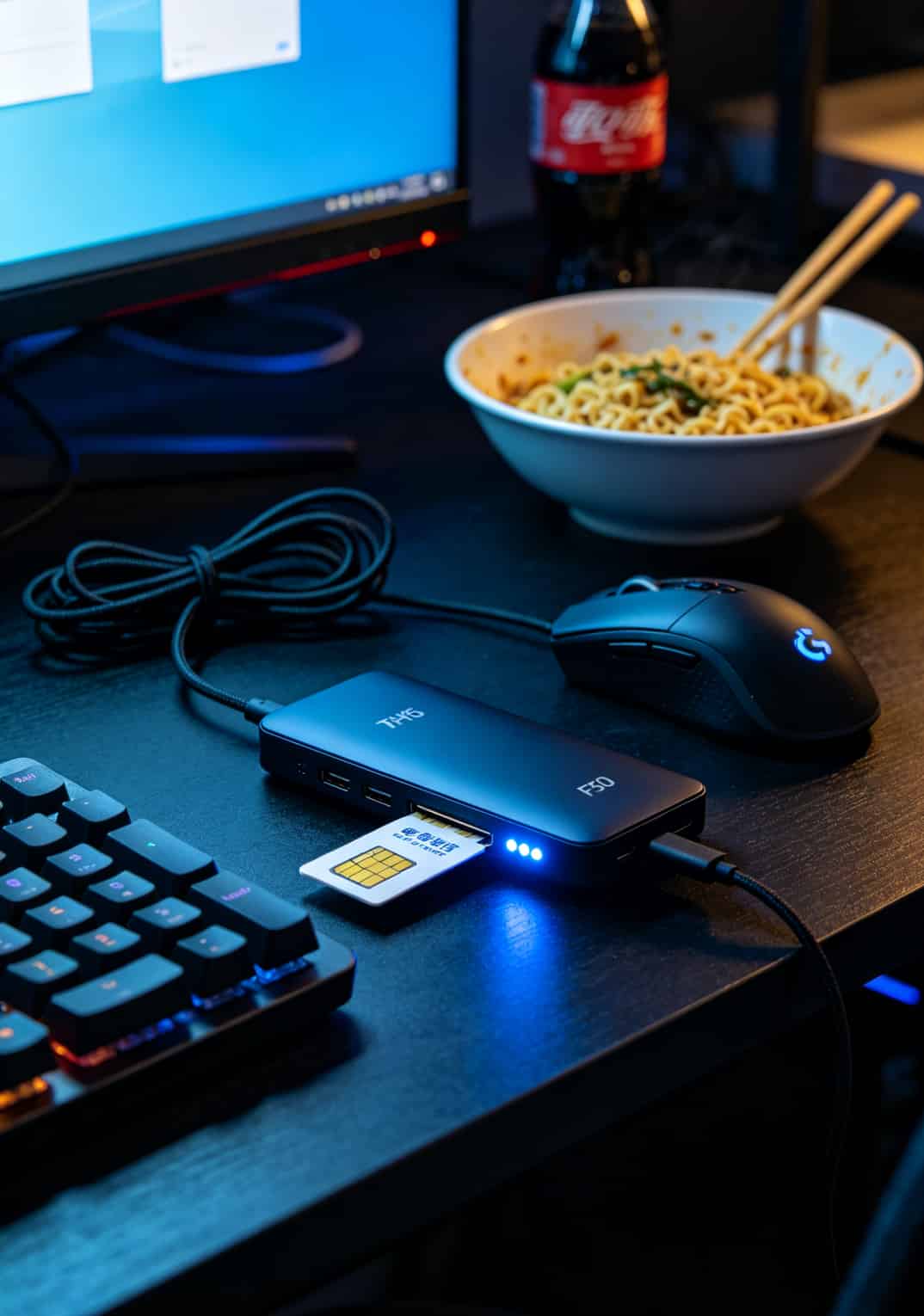 中兴F30随身WiFi插着电信卡，旁边放着鼠标