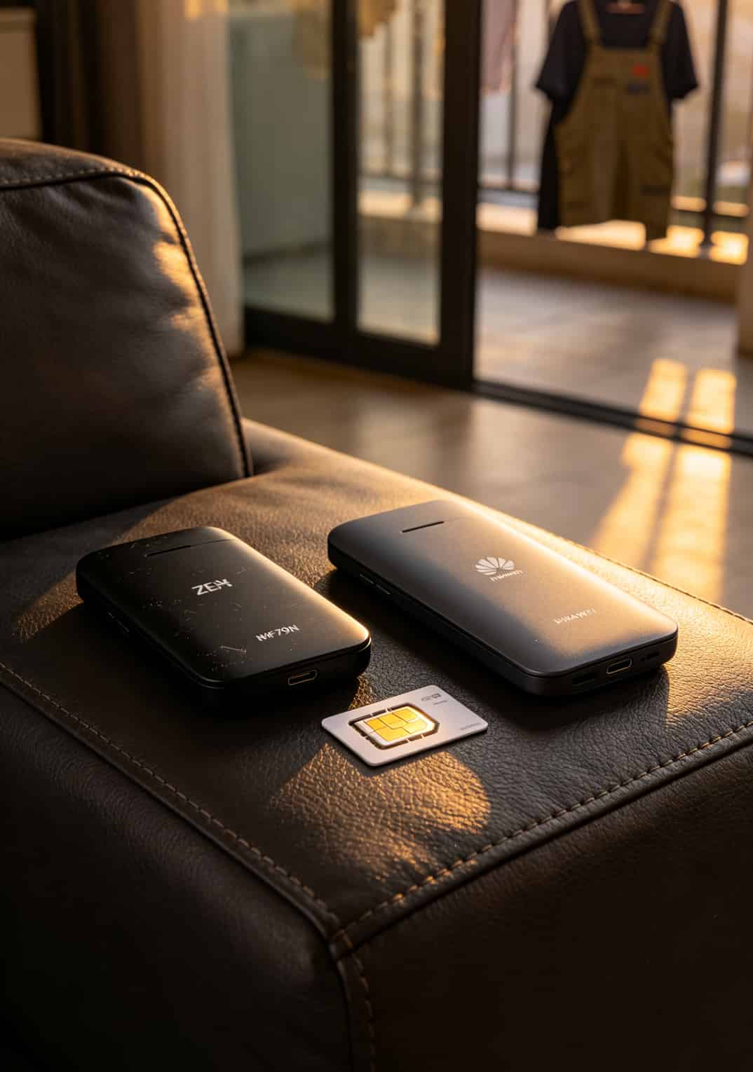 插流量卡的随身wifi,我经手一千多台后跟你说句大实话(2025终极排坑版) 中兴MF79N和华为移动路由并排摆列,旁边放着一张SIM卡