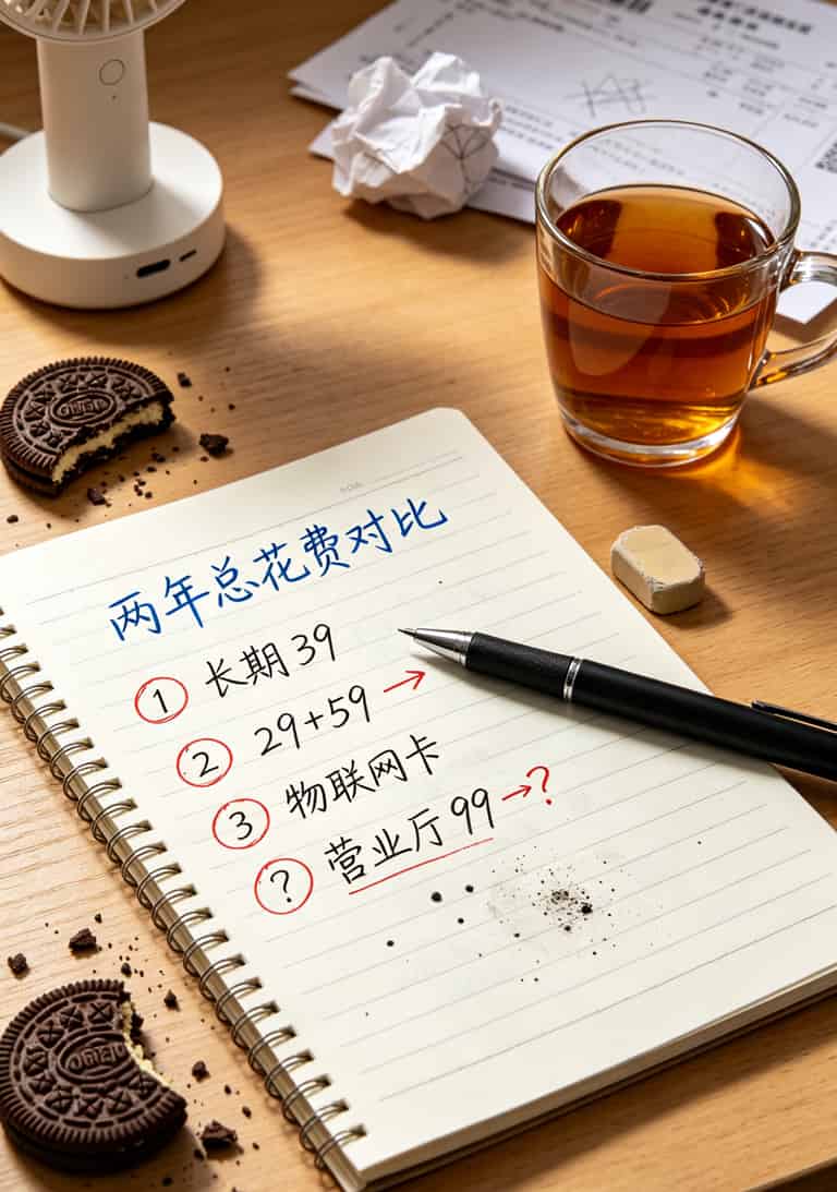 联通100g全国通用流量卡,我折腾了两个月才敢告诉你:月租超过40块就是亏 一个手写的两年总花费对比表,四种方案用不同颜色标注