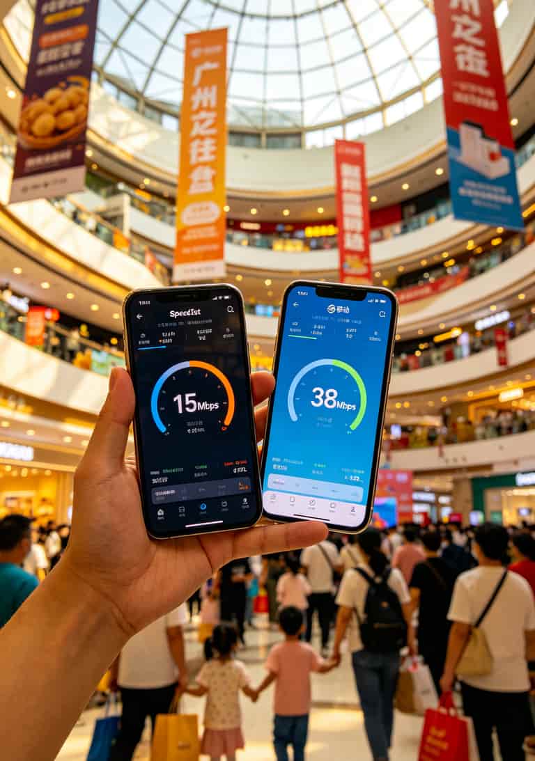 2024公认最好的流量卡是哪张?我踩了三次坑才找到答案 广州正佳广场内电信与移动网速对比测试图