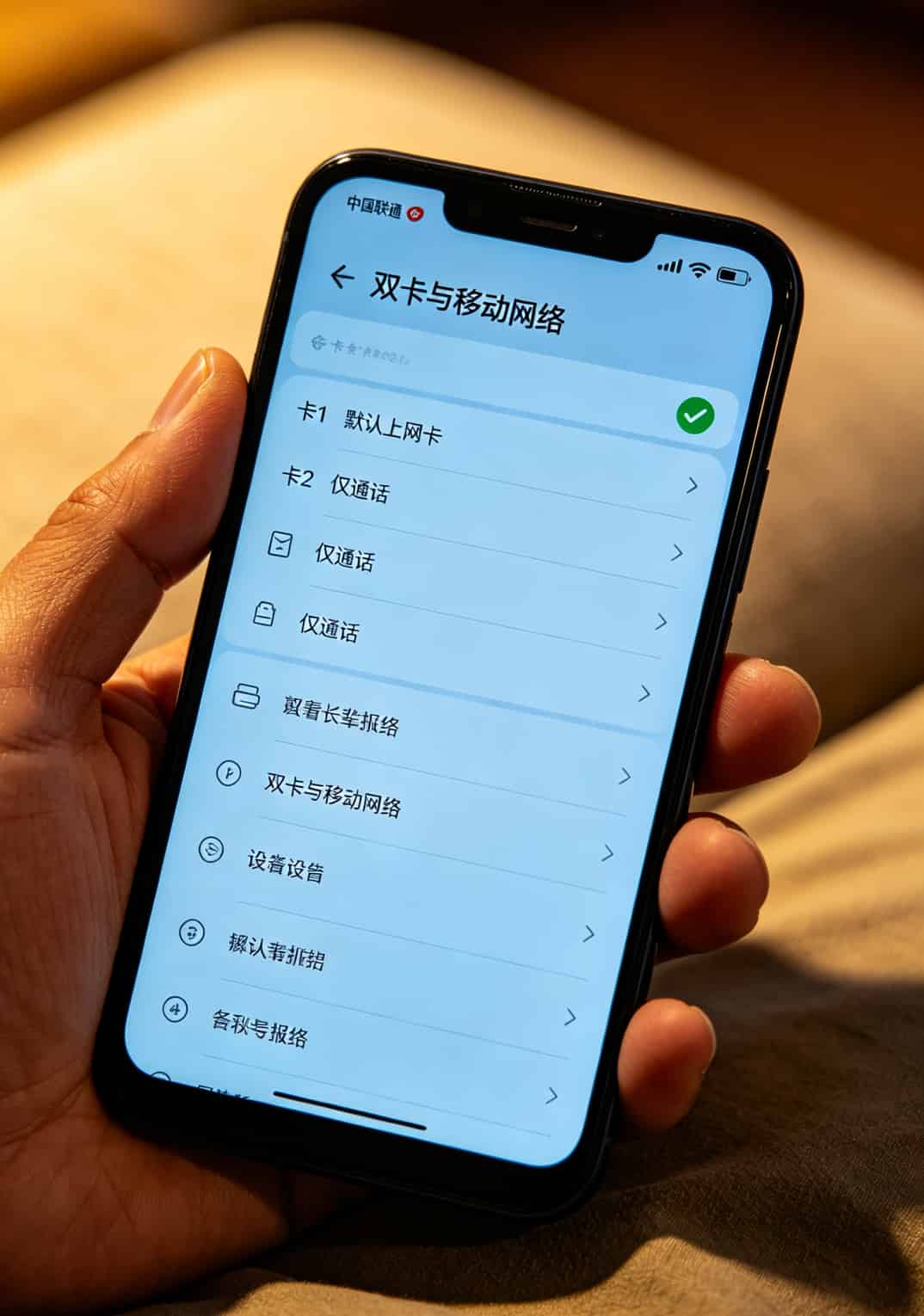 手机设置里显示联通双卡界面，其中一张标注“上网卡”