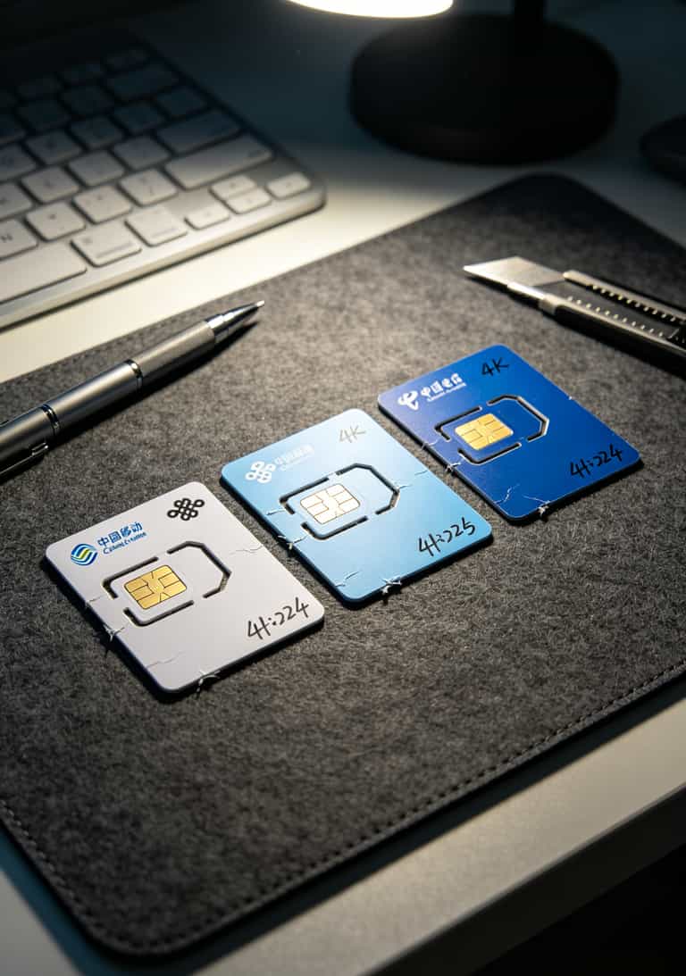 中兴随身WiFi配9元15g流量卡,实测半年省下一顿火锅钱 三张不同运营商流量卡并排摆放,标注移动联通电信