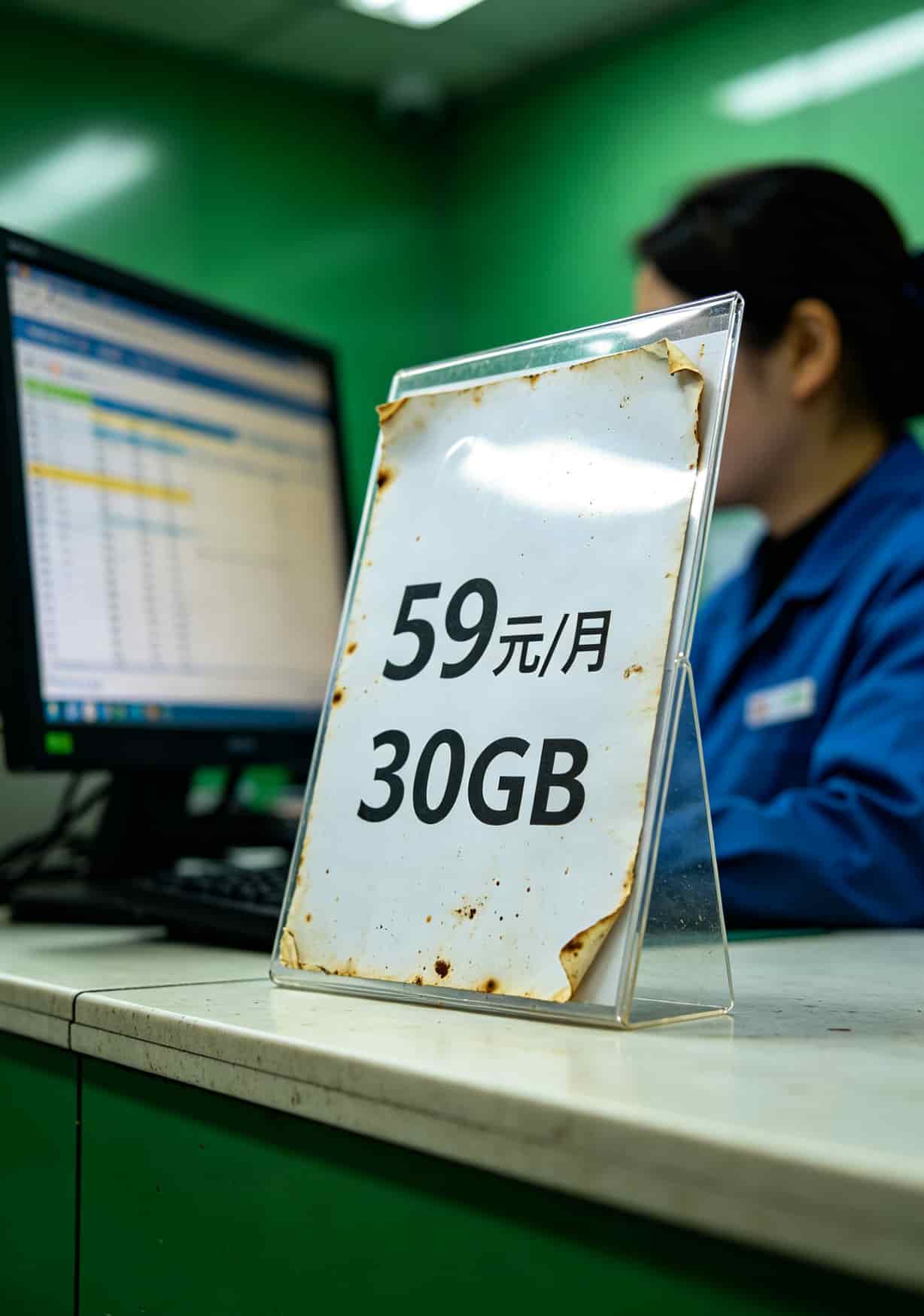 19元的联通流量卡好用不?我用亏了四百块换来的大实话:信号好的地方真香,但买错渠道能气到摔手机 联通营业厅柜台套餐价目表,59元30G标价清晰