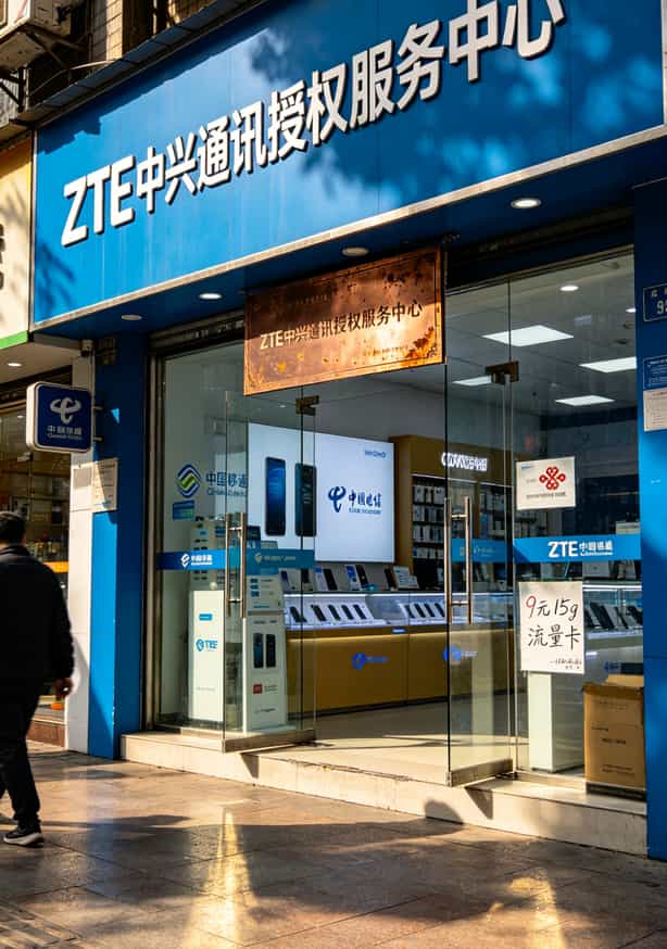 中兴随身WiFi配9元15g流量卡,实测半年省下一顿火锅钱 中兴官方授权实体店门头,挂着ZTE中兴通讯铜牌