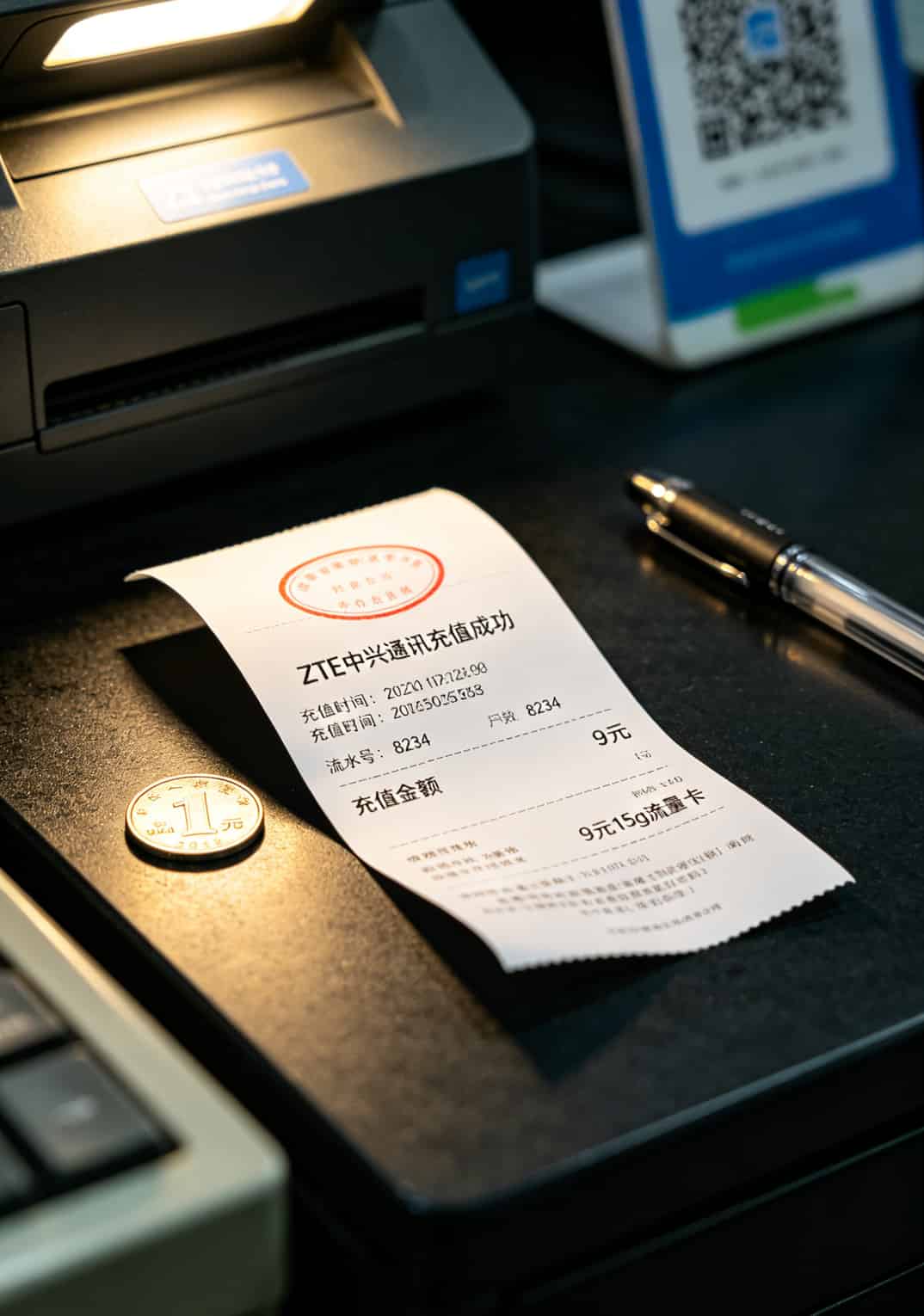 中兴随身WiFi配9元15g流量卡,实测半年省下一顿火锅钱 充值成功凭证打印件,显示时间和流水号