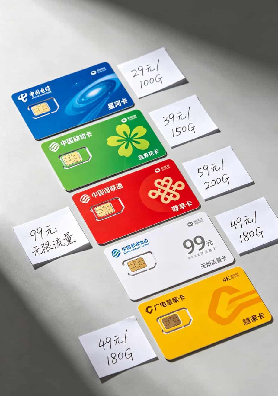 五张流量卡平铺对比，标注价格和套餐