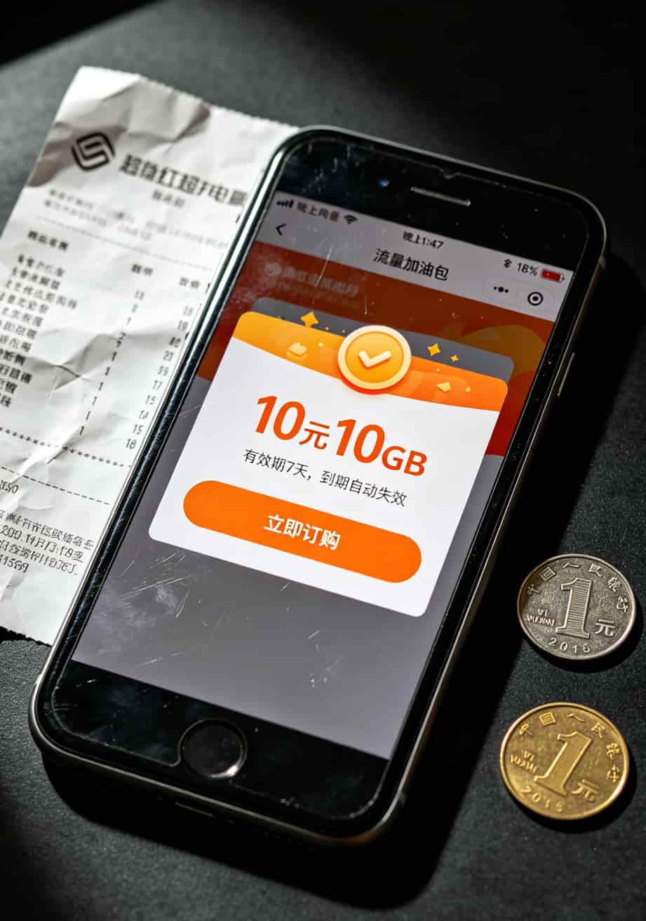 210g流量卡是真的吗?我跟中兴随身WiFi较劲3年,答案写在前面:**数字不假,但你用得上的可能不到零头** 流量加油包购买页面截图,10元10g,有效期7天,底部有“立即订购”按钮
