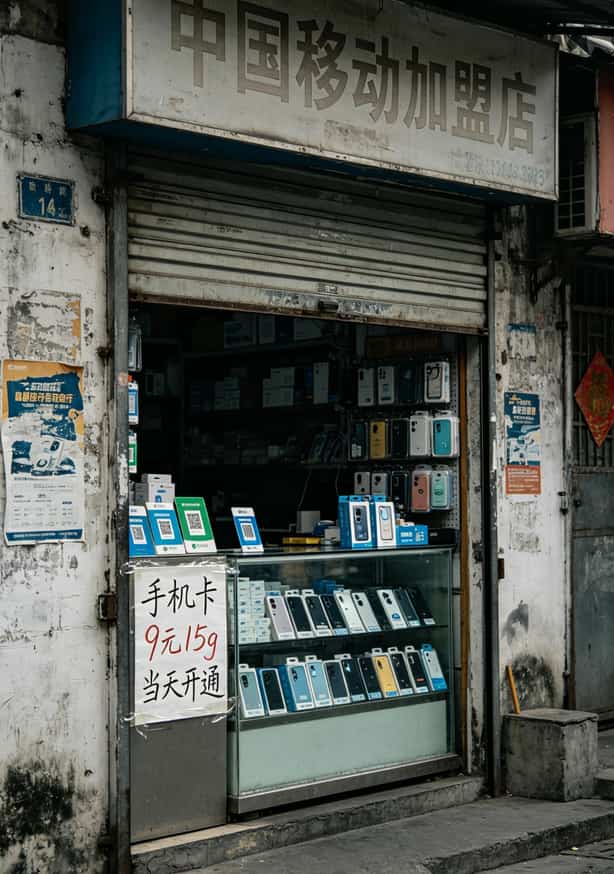 中兴随身WiFi配9元15g流量卡,实测半年省下一顿火锅钱 路边非授权通讯店门面,门口贴着手机卡广告
