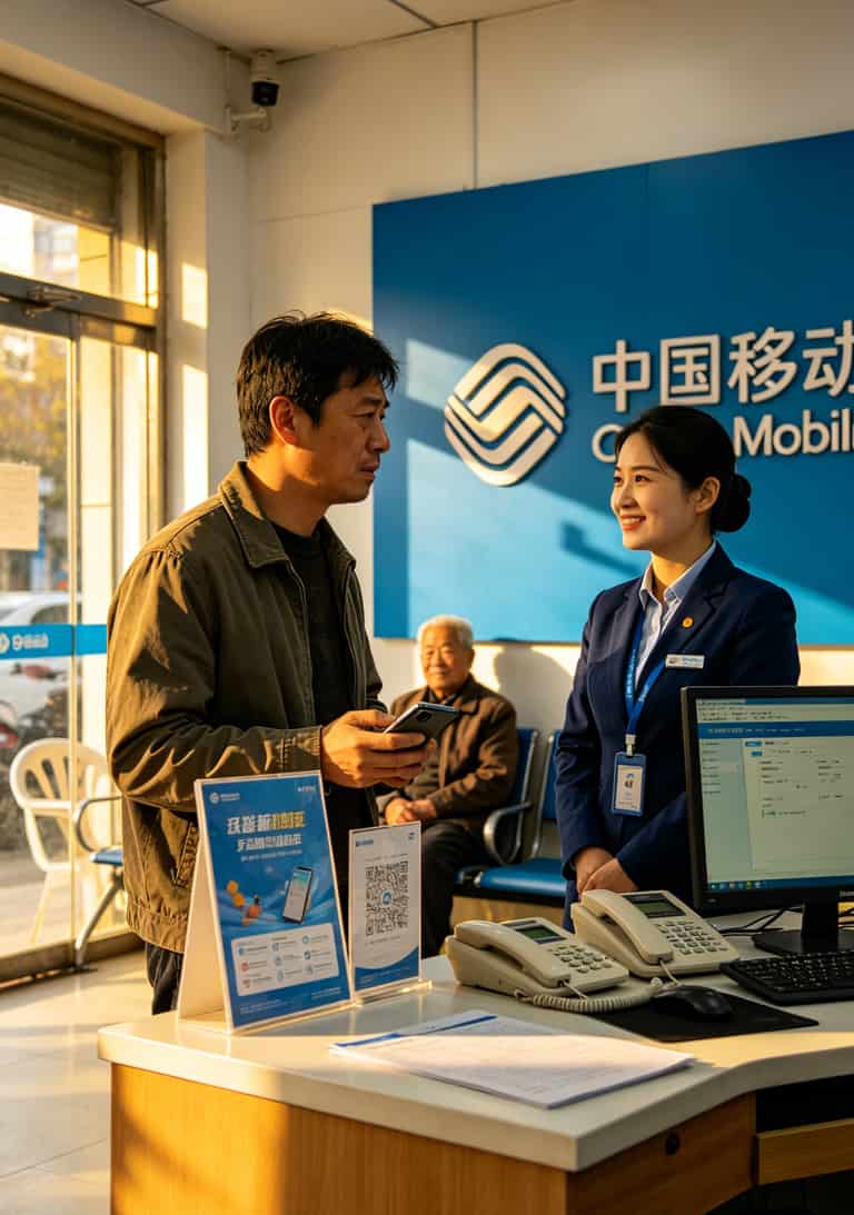 移动0元办理流量卡?我试了三年,真话全在这了 移动营业厅柜台前用户正在办理套餐