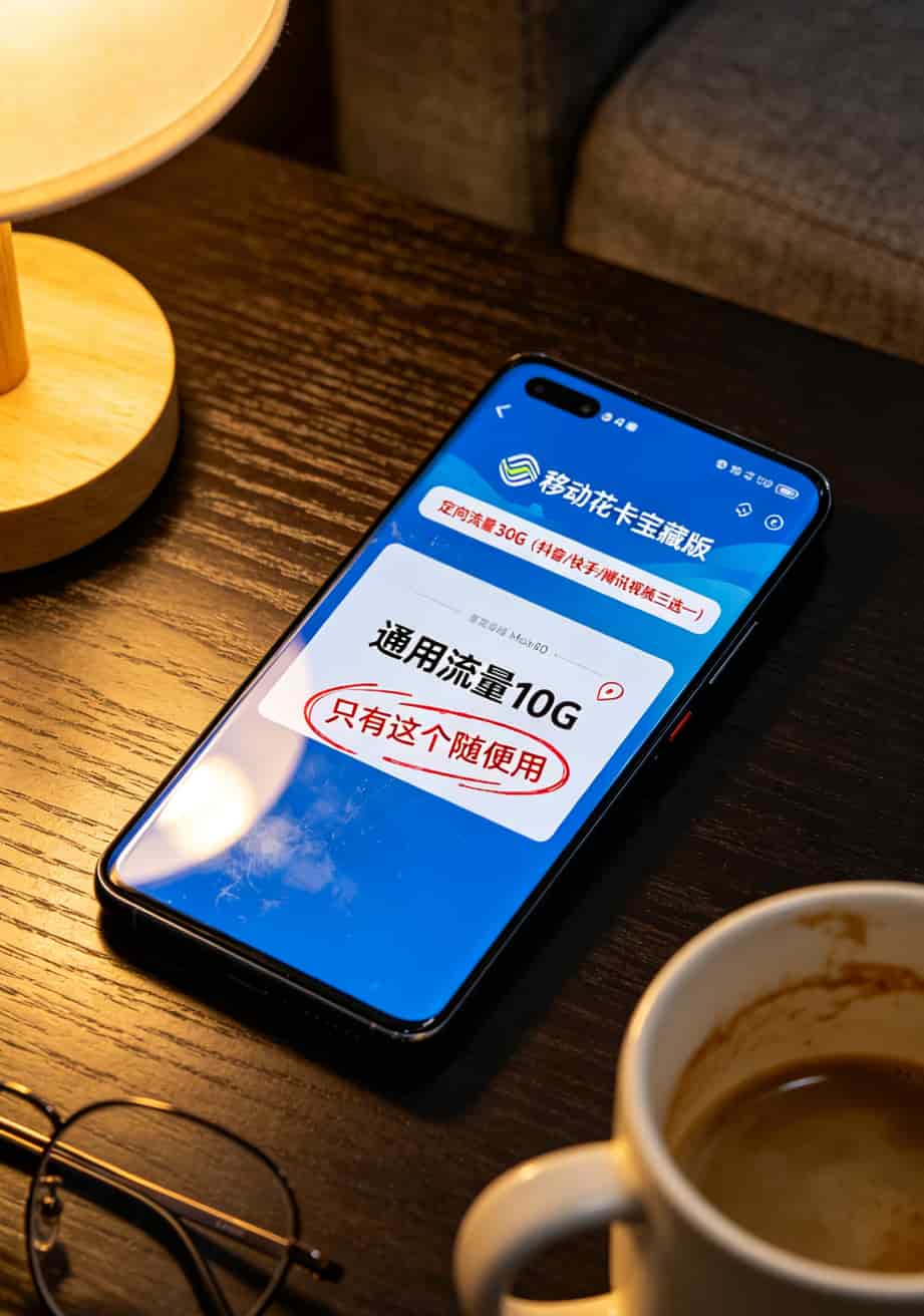 手机屏幕显示移动花卡宝藏版套餐详情页截图，标注出定向流量和通用流量的区别