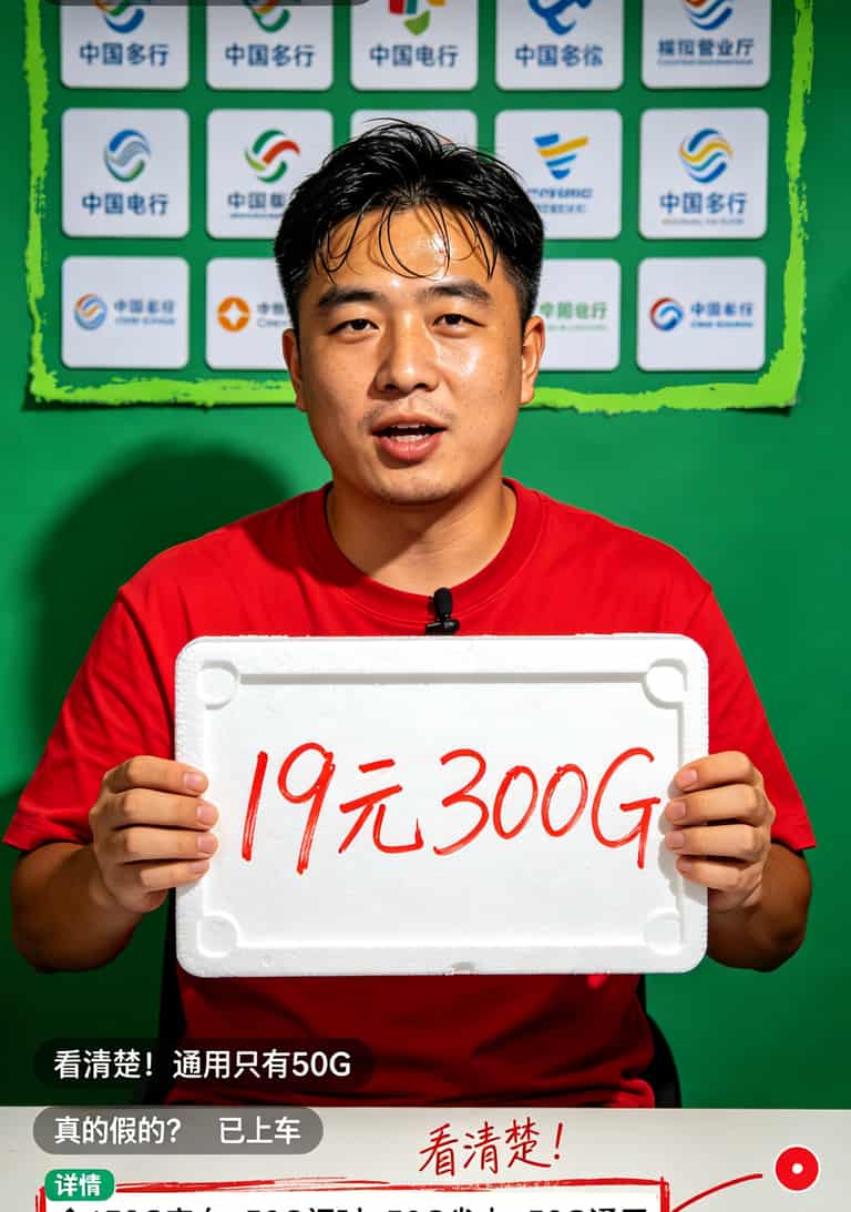 抖音直播间截图，主播举着19元300G的牌子，下方小字用红框标出限制条款