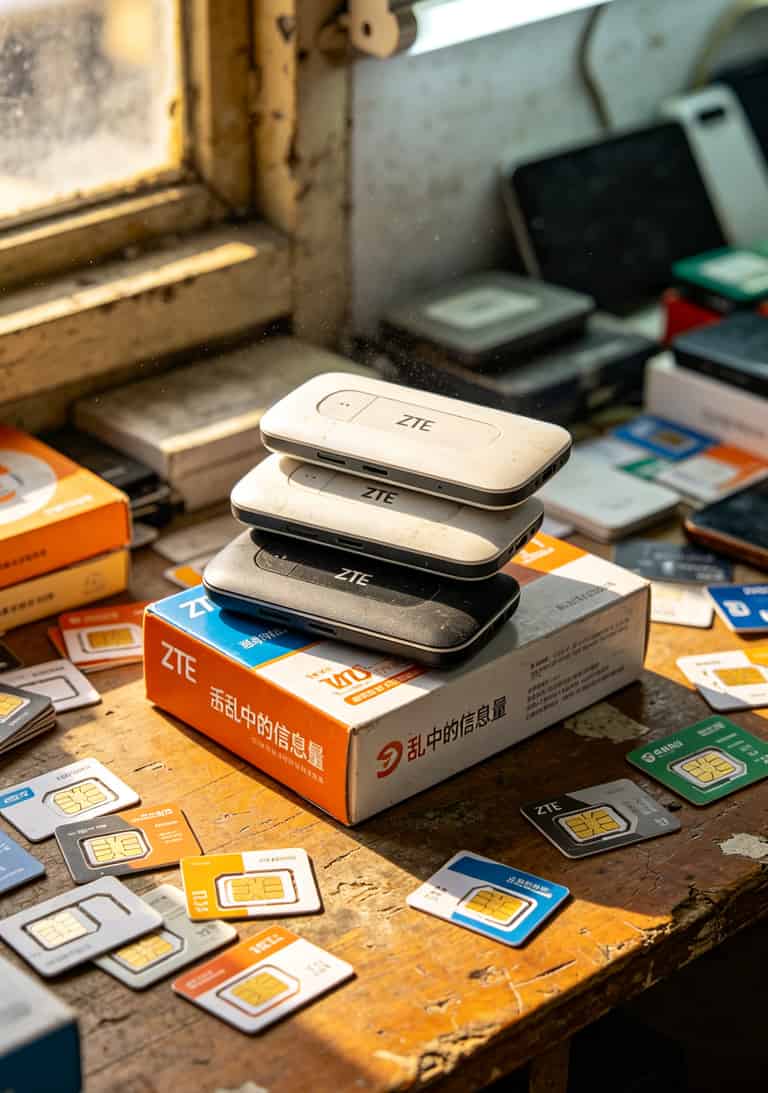 19元的联通流量卡好用不?我用亏了四百块换来的大实话:信号好的地方真香,但买错渠道能气到摔手机 郑州科技市场数码柜台上一堆流量卡和中兴随身WiFi叠在一起