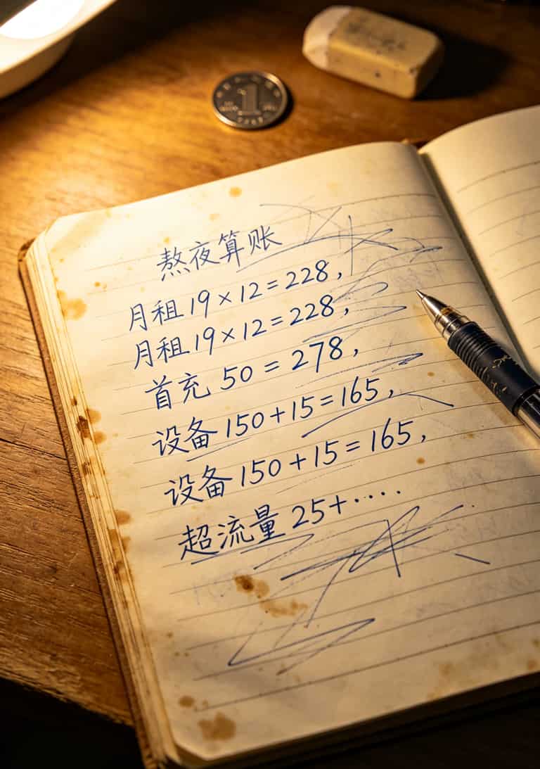 19元通用流量套餐卡有哪些?保山跑了三家店,终于弄清楚了 手写的三年费用计算草稿,包含月租、首充、设备、超流量费用