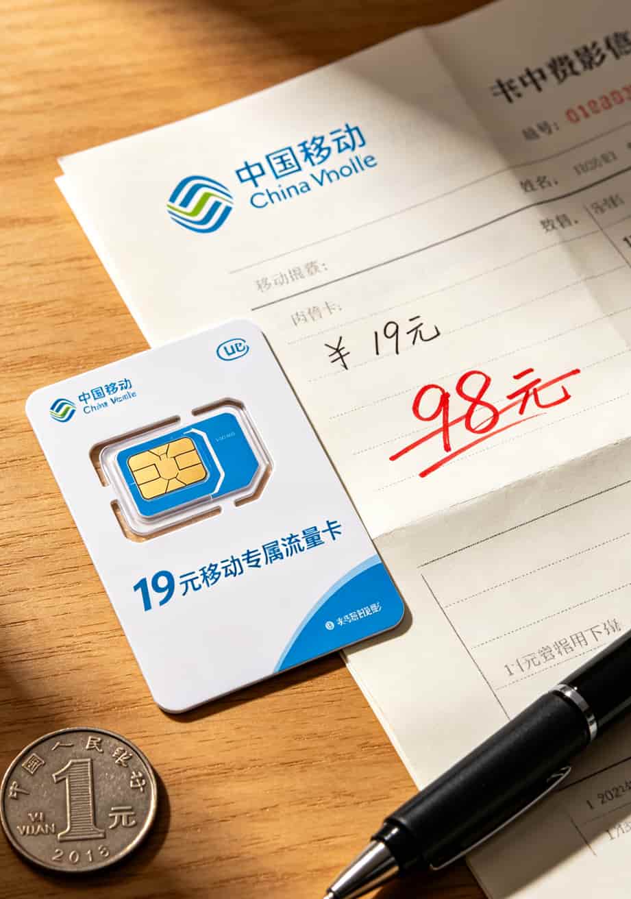 换了张19元移动专属流量卡,我每月话费从98降到19(附避坑指南) 一张移动流量卡的包装和SIM卡实拍,旁边放着旧套餐的话费账单