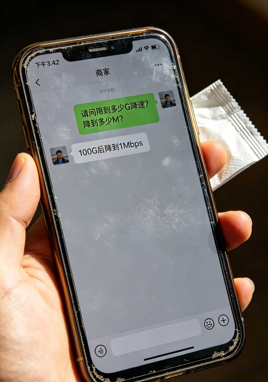 一台中兴随身WiFi,配上19块套餐流量卡,我折腾了一年才弄明白(附避坑指南) 手机聊天截图,问客服“用到多少G降速”,客服回复“100G后降到1Mbps”