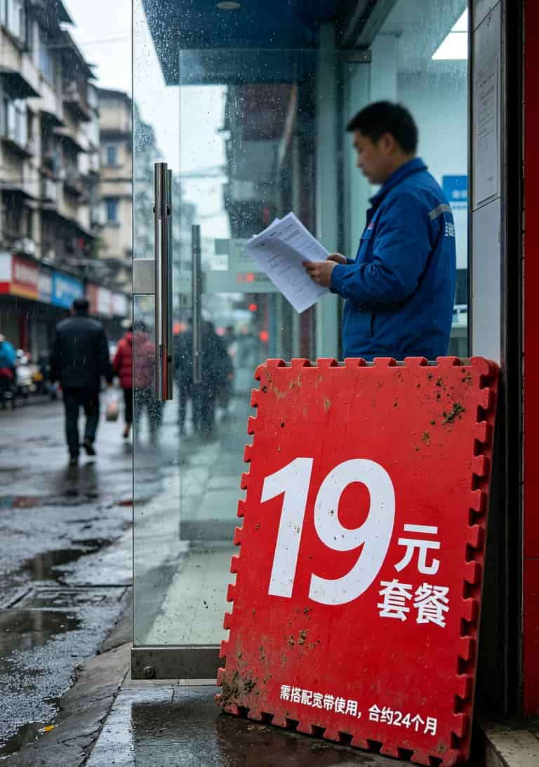 一台中兴随身WiFi,配上19块套餐流量卡,我折腾了一年才弄明白(附避坑指南) 某运营商营业厅门口立着“19元套餐”促销牌子的照片,旁边还有一行小字“宽带融合”