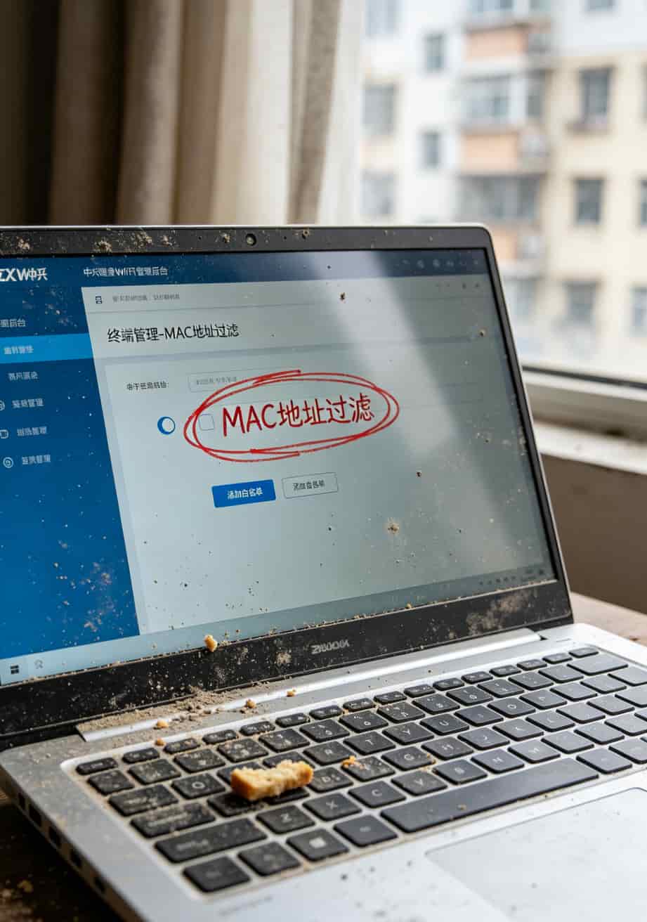 一台中兴随身WiFi,配上19块套餐流量卡,我折腾了一年才弄明白(附避坑指南) 电脑屏幕显示中兴随身WiFi后台界面,MAC地址过滤页面被红框圈出